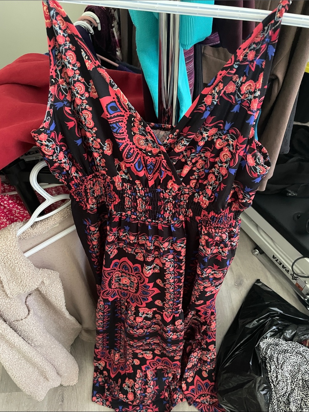 Black Floral V-Neck Sundress with Red & Blue Paisley Print